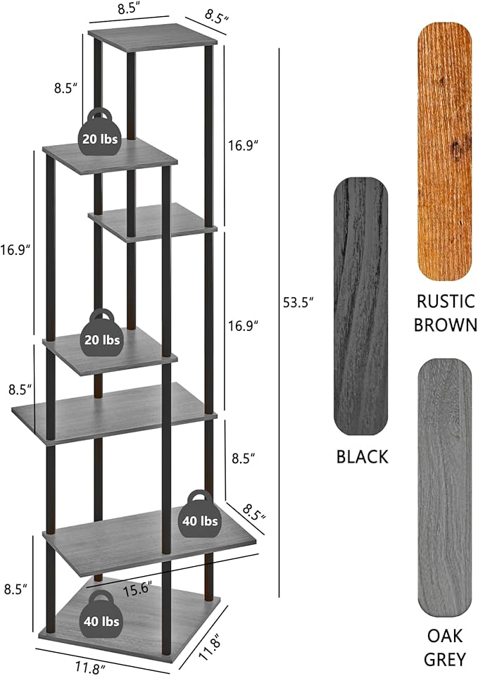 Tall Plant Stand Indoor, 7-Tier Modern Plant Shelf for Multiple Plants, Wood Metal Flower Holder for Living Room Balcony Bedroom, Oak Grey