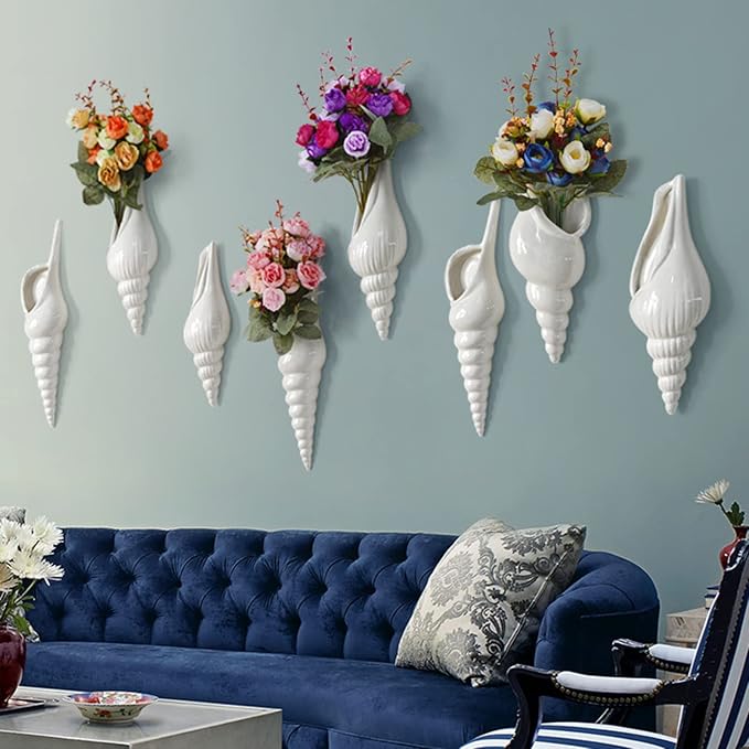 Ceramic Hanging Planter Wall Planter Modern Flower Plant Pots Seashell Conch Flower Vase Home Decor Living Room Background Wall Decorated Plants Planter Hanging Planters (A)