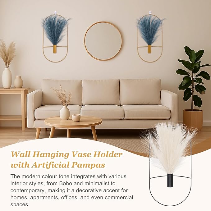 uxcell 2 Pcs Wall Decor Metal Black Wall Art Hanging Planters with Artificial Pampas, Wall-Mounted Decor Metal for Display Artwork Plant Hanging Living Room Bedroom, Beige (Oval)
