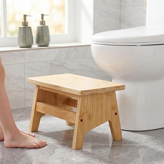 Lyellfe Bamboo Step Stool, Non-Slip One Step Stool, Potty Training Stool, Portable Sturdy Bedside Stool for High Beds, Support up to 300lbs, Easy Assembly