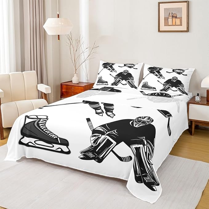 Feelyou Boys Ice Hockey Bedding Set for Kids Children Hockey Player Printed Bed Sheet Set Decorative Sports Event Bed Sheets Black White Winter Sports Sheets Set King Size 4 Pcs