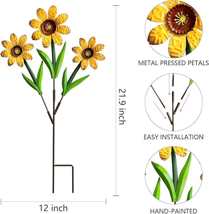HUTHDAK Metal Flowers for Outside,2 Pack Large Colorful Decorative Garden Stakes Yard Art,Spring Garden Decor for Lawn, Pathway & Garden(21.9 * 12IN)