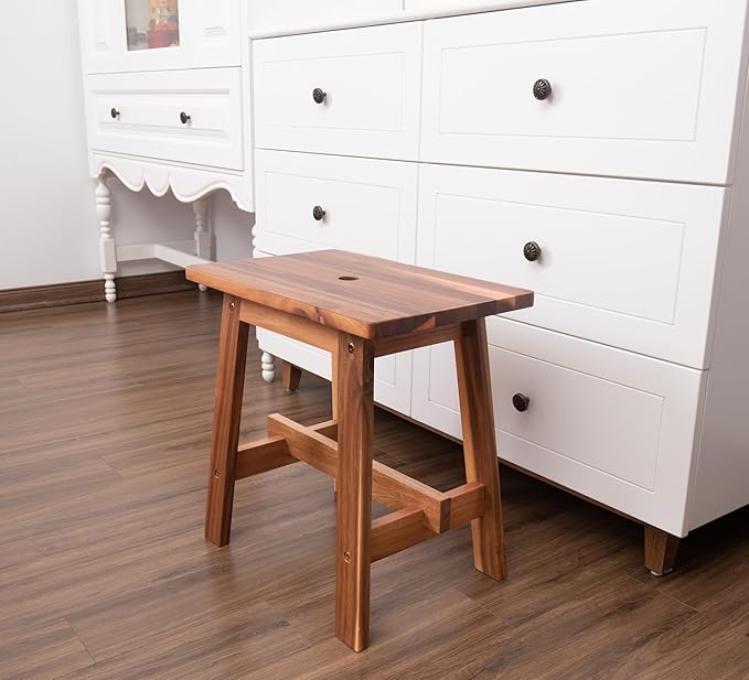 BEEFURNI Rectangular Acacia Wood Stool, Small Bench Seat, 18 Inch Stool, Wood Bathroom Vanity Bench, Plant Stand Indoor, 350 LBS Load Capacity, 1-Year Manufacturer Warranty (Natural Acacia)