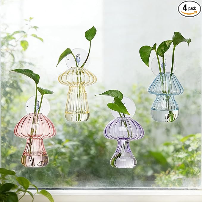 Bunmery Window Propagation Stations, 4 pcs Colored Mushroom Plant Propagation Station with Suction Cups, Easy to Install Window Hanging Planer, Indoor No Nails Glass Vase Terrarium for Plants&Flowers