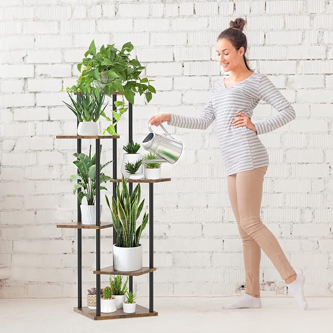 Oppro 6 Tier Tall Plant Stand Indoor Outdoor, Large Wood Metal Planter Shelf Holder for Narrow Corner, Sturdy Vertical Multiple Flower Orchid Pot Decorative Rack for House Living Room Bedroom Office, Rustic Black