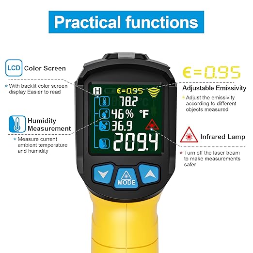 Infrared Thermometer Gun -58°F to 1472°F, Digital Temperature Gun/K-Type Probe -14°F~932°F, Humidity Sensor, IR Laser Temp Gun with Color LCD for Cooking Pizza Oven BBQ HVAC Home-Industrial