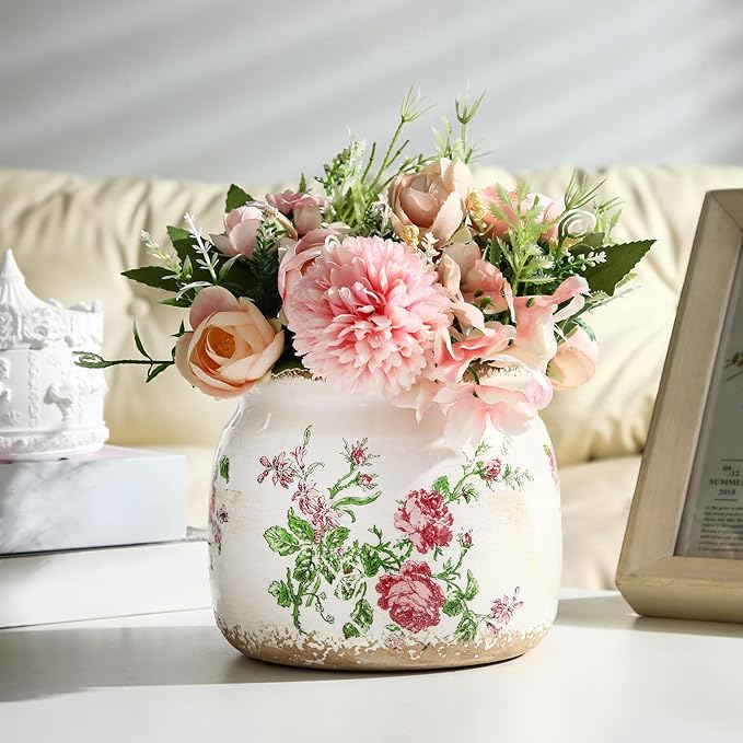 Vintage Planter Large Ceramic Plants Pot Beige Pink French Rose Ice Crack Cottage Scroll Vase Flower Vase Pot Indoor Plants Home Kitchen Decor Farmhouse Antique Decorative Gifts