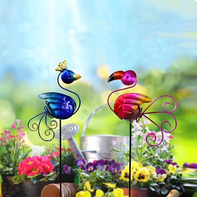 Garden Decor for Outside, Set of 2 Metal 16.5” Decorative Garden Stakes with Peacock Flamingo for Garden Decorations, Welcome Yard Sign Art Stakes for Outdoor Lawn Backyard Porch