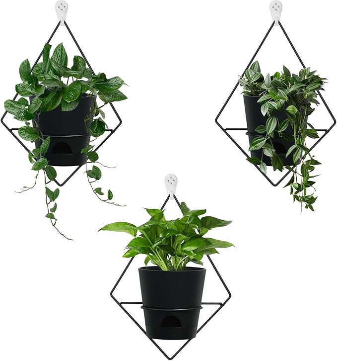 Koalaime 3 Sets Wall Planters for Indoor Plants Geometric Hanging Planters for Indoor Plants - Self-Watering Flower Pots with Black Metal Holder, Mounted Succulent Planter, 5" Black Plant Pot