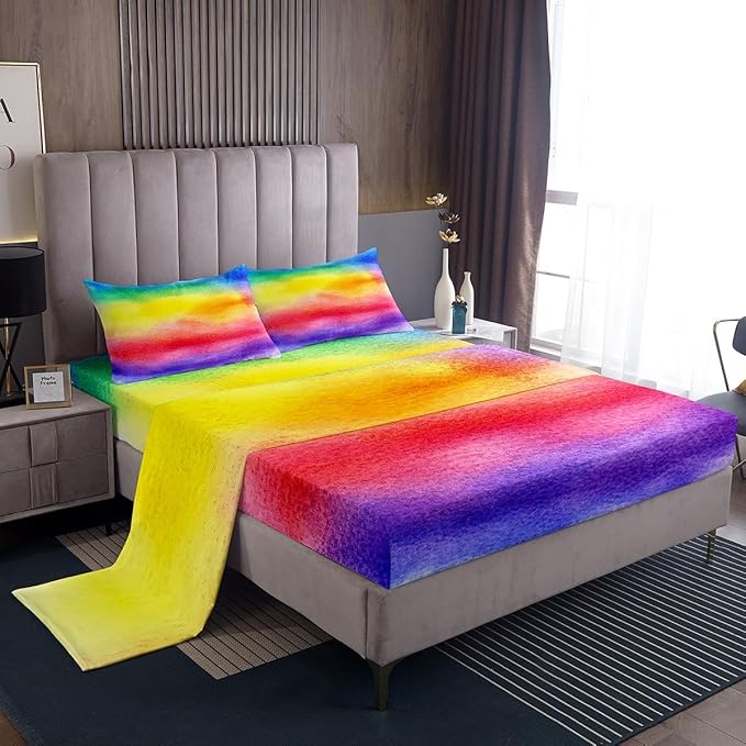 Feelyou Full Sheet Set for Kids Girls Rainbow Stripe Bright Watercolor Soft Kids Bedding Set, 1 Flat Sheet,1 Deep Pocket Fitted Sheet, and 2 Pillow Case, Breathable, Teens Children Bedroom Decor