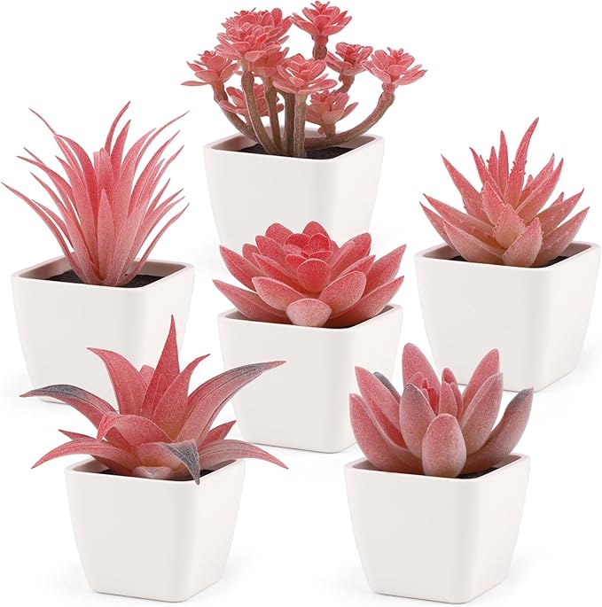 Woration 6Pcs Small Artificial Pink Succulent Set Fake Flocking Succulents Plants Potted Floral Arrangement for Shelf Office Home Desk Decorations - White Pots