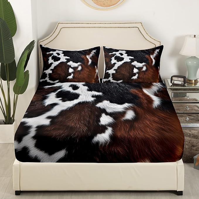 Feelyou Cow Fur Bed Sheets Kids Cowhide Leather Hair Sheet Set Women Men Microfiber Soft Rustic Cow Skin Decor Bedding Set Brown Farmhouse Bed Sheet Set King Size Bed Set 4Pcs