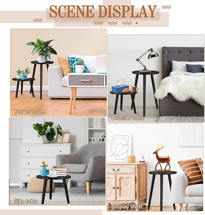 Briwooody 2 Pcs Indoor Plant Stand Mid Century Vintage Wood Modern Flower Pots Holder Round Side Table End Table Plant Stools for Living Room Corner Balcony Decor(Black)