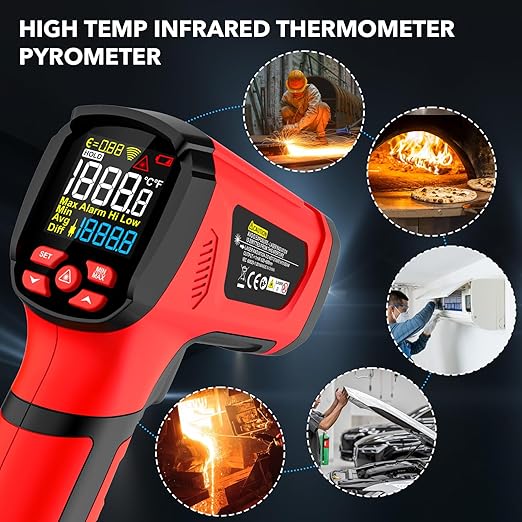 Infrared Thermometer High Temperature Gun -40℉~2912℉, 50:1 Dual Laser Thermometer with Probe 14℉ - 932℉, Digital IR Temp Gun for Cooking, Pizza Oven, Engine, Kiln, Forging, Industrial Use