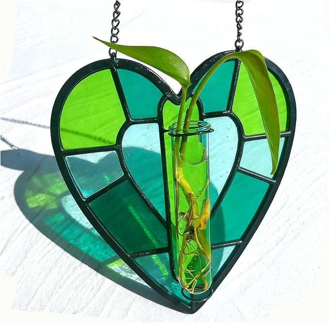 QLCBELOVE Stained Glass Plant Propagation Station, Handmade Suncatchers Window Hanging Decor, Hanging Hydroponic Planter Terrarium with 2 Glass Tubes for Home & Garden Decor, Green, Indoor Outdoor