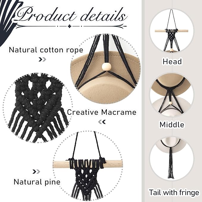Yulejo Macrame Hat Hangers Boho Hat Rack Cowboy Hat Hanger Back of Door Hat Organizer (Black,Three Hats Style)