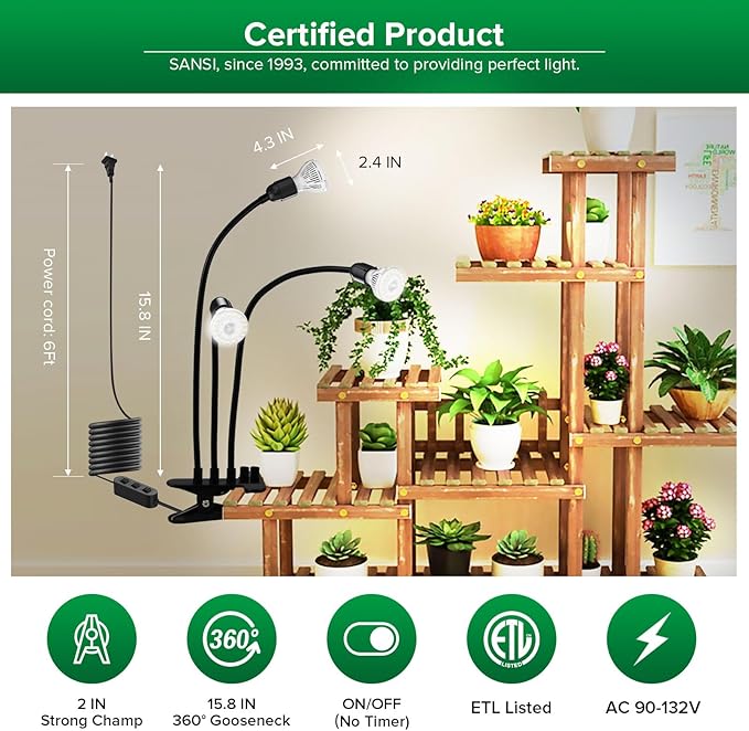 SANSI LED Grow Lights for Indoor Plants, 450W Full Spectrum Gooseneck Clamp Grow Lamp, 30W Power Plant Light with High PPFD for Seeding, Lifetime Free Bulb Replacement Plant Lights for Indoor, 3 Head