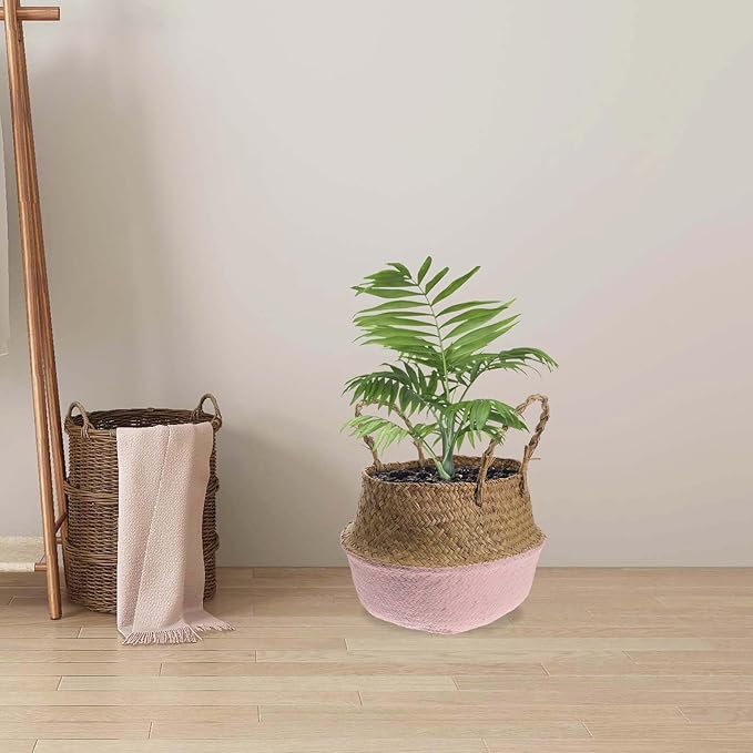Luxshiny Woven Seagrass Planting Basket with Handles, Decorative Foldable Rattan Planter Pot for Indoor Flower Gardening, 27cm Diameter Pink Boho Storage Basket for Living Room Decor