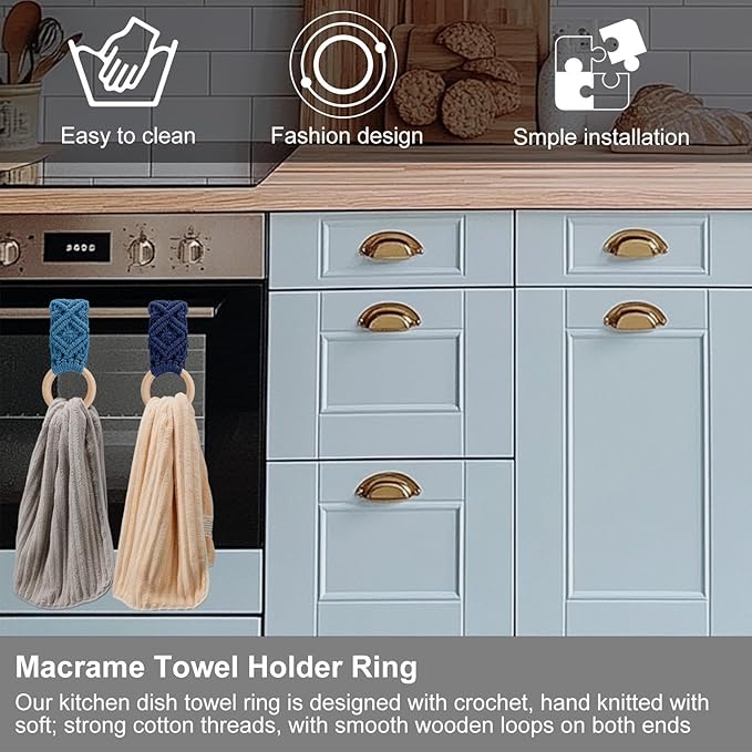 Tioncy 4 Pcs Kitchen Dish Towel Holder Mother's Day Gifts Boho Handmade Crochet Hanging Towels Loop Ring Knit Towel Hanger for Cabinet House Oven Stove Door, 4 Colors(Blue)