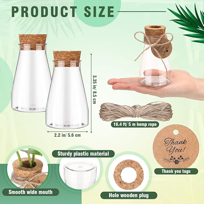 Baderke 48 Pack 3.35'' Plastic Plant Propagation Stations with Hole Lid Planter Vase Clear Propagation Jars with Thank You Tags for Plant Lover Gifts for Women Office Home Garden