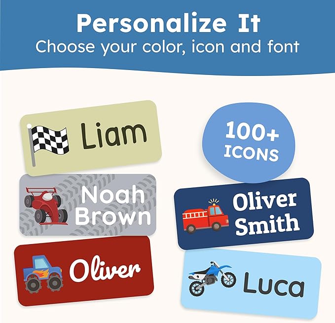 Personalized Name Labels for Kids (210 Labels) - Durable & Waterproof Custom Name Stickers for Clothing Tags, School Supplies, Camp & Daycare - Gears (1.2”x0.5”)