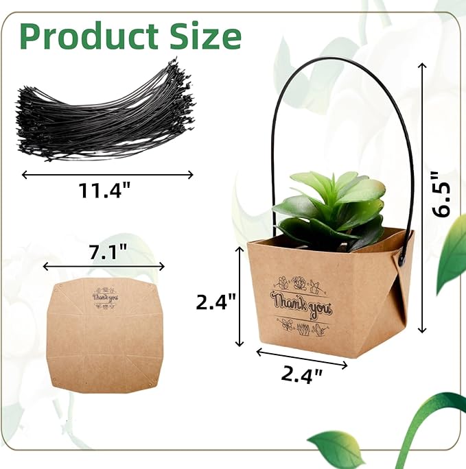 Covzoe 100 Pieces Succulent Wrap Bags, Fits 2 Inch Pots, Thank You Succulent Gift Box with Handles, Waterproof Kraft Paper Wedding Party Favors for Guests Plants Decoration