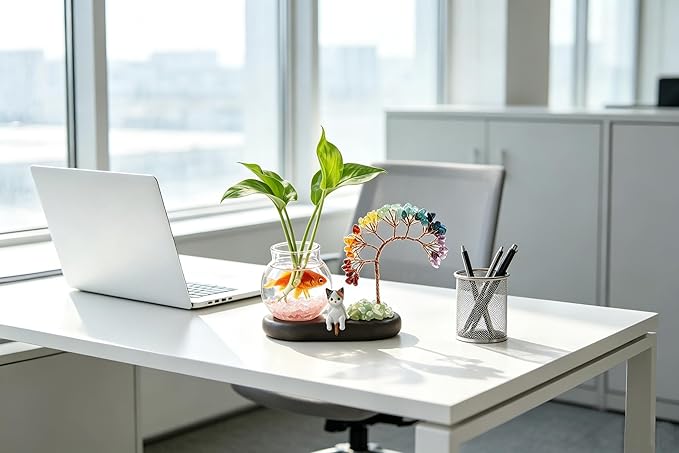 Plant Propagation Station, Chakra Crystal Tree Hydroponic Glass Container Vase Jars with Cute Cat Figurine, Home Office Desks Aesthetic Decorations, Gift for Women Plant Lovers and Cat Lover