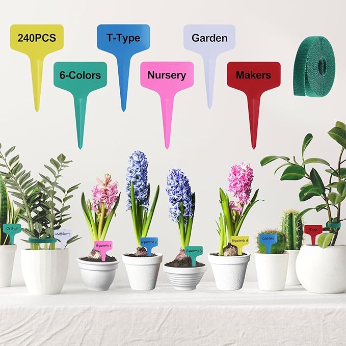 240Pcs 6 Colors Plant Labels with Plant Tie Waterproof Plastic Garden Stake Tags Reusable T-Type Nursery Garden Makers for Seedlings Flower Vegetables Herb Potted (6x10cm)