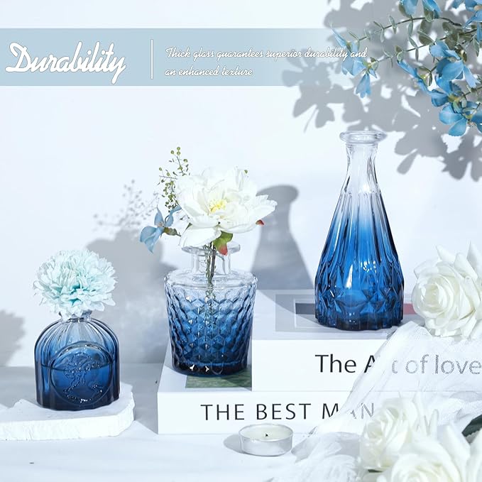 TBWIND Glass Bud Vase Set of 5, Small Blue Flower Vases for Centerpieces in Bulk, Mini Vintage Vase for Wedding Decor, Single Flowers, and Home Table Décor