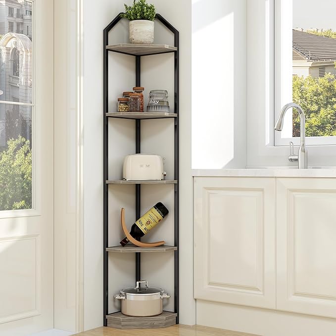 5 Tier Corner Wall Shelf Stand, 70" Metal Corner Shelves Bookshelf Display Shelf for Living Room Decor, Tall Plant Stand Multi Unit Organizer, Standing Shelf for Bedroom,Bathroom,Small Space (Grey)
