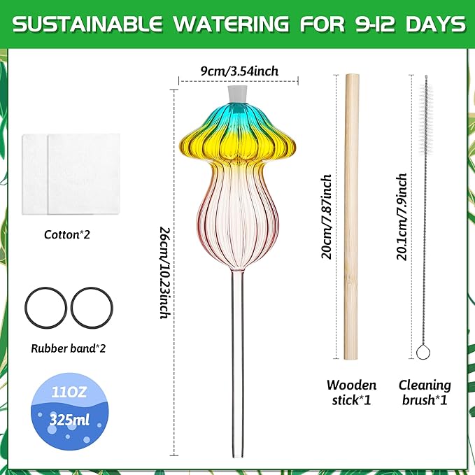 11 oz Large Plant Watering Globes, Glass Self Watering Globes, Gradient Color Mushroom Self Watering Planter Insert, Vacation Plant Watering Devices, Automatic Watering Bulbs (Large-2 Pack)
