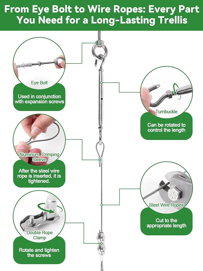 150FT Tensioned Wall Wire Trellis Kit for Climbing Plants, Kalolary T316 Stainless Steel Garden Trellis with Turnbuckle Tensioner Wall-mounted Fence Plant Trellises for Outdoor Wall Garden Fence Grape
