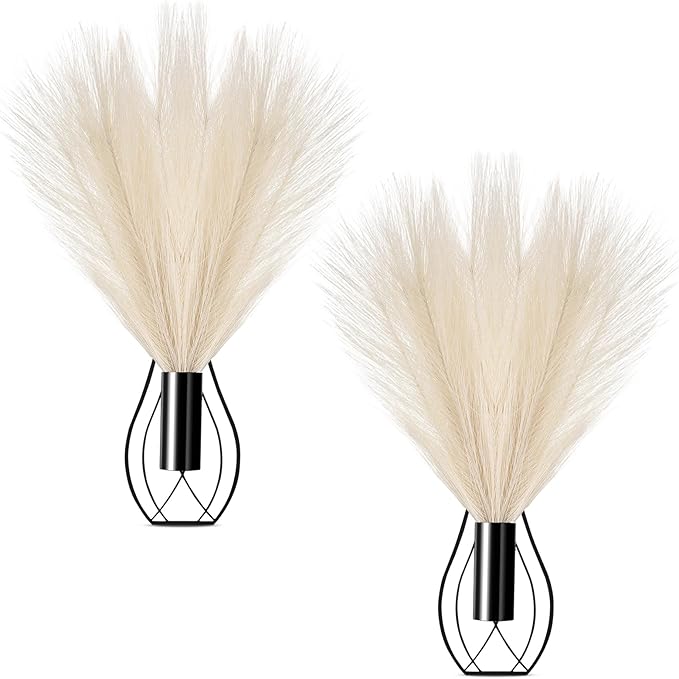 Otoolling 2 Pieces Hanging Plant Wall Decor with Artificial Pampas Grass Metal Hanging Vase Modern Geometric Farmhouse Bohemian Wall Art for Living Room Bedroom Kitchen Office(Black, Beige)