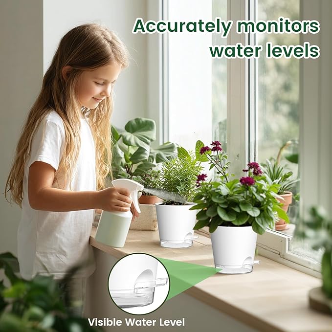 Meowell 6 inch Self Watering Pots for Indoor Outdoor Plants, 3 Pack Flower Plant Pots with Drainage Holes and Clear Reservoirs, Visible Water Level, Plastic Planters with Wicking Rope, White