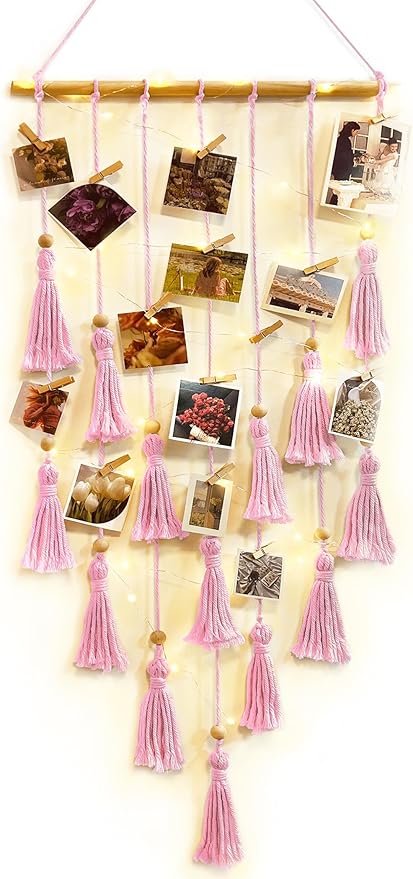 ANROYE Macrame Hanging Photo Display, Picture Holder with 30 Clips for Bedroom Wall, Polaroid Boho Gallery Hangers with LED Light String, Room Decor Gifts for 10 11 12 13 14 Year Old Teen Girl