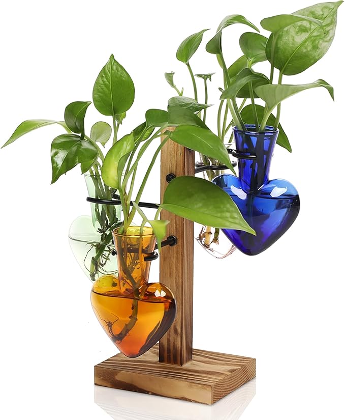 Plant Terrarium Propagation Stations with Wooden Stand, Glass Vase for Indoor Hydroponics Home Garden Office Decoration Gift for Women - 4 Love Bulb Vase
