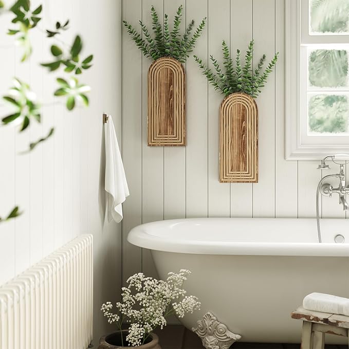 2 Pack Wooden Wall Vase with 14 Fake Eucalyptus for Modern Farmhouse Decor, Boho Art Wall Decor, Wall Planters for Indoor Plants for Bathroom, Kitchen, Bedroom, Dining/Living Room, Wall Plant Holder