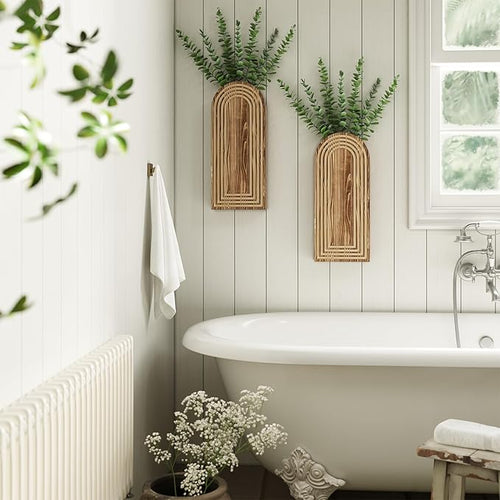 2 Pack Wooden Wall Vase with 14 Fake Eucalyptus for Modern Farmhouse Decor, Boho Art Wall Decor, Wall Planters for Indoor Plants for Bathroom, Kitchen, Bedroom, Dining/Living Room, Wall Plant Holder