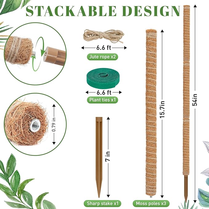 TLAZZ 54 Inch Moss Pole, 3 Pack 16 Inch Moss Poles Monstera Plant Support, Moss Poles for Climbing Plants Indoor, Coir Plant Pole Sticks Support Stakes for Potted Plants, Pothos, Philodendron