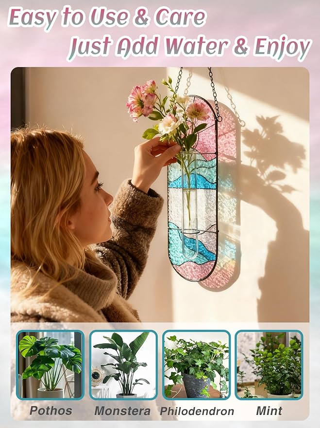 Stained Glass Plant Propagation Stations - Handmade Sunshine Catcher Hydroponic Planter Window Hanging with Glass Tubes, Terrarium Decor Gifts for Women Mom Plant Lovers, Pink