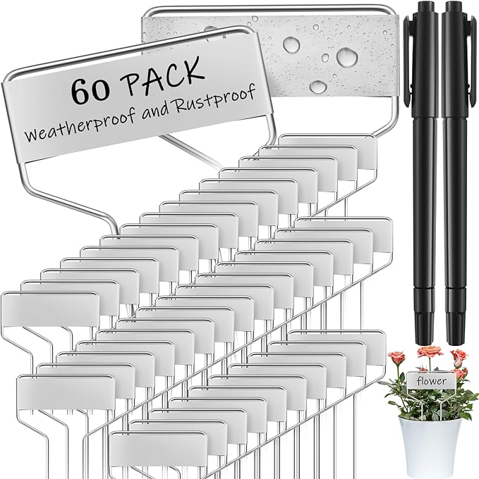 Moxweyeni 60 Pcs Metal Garden Tags Plant Labels for Garden Waterproof Plant Markers with 2 Permanent Pen Planting Nursery Tags Reusable Labels Stake for Plants (Aluminum,6 Inch)