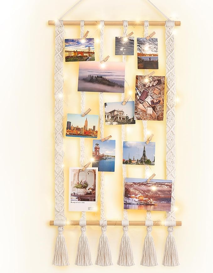 Dahey Macrame Hanging Photo Display Dorm Wall Decor Boho Picture Frames Collage for Picture String with Clips Photo Hanger with Lights Artwork for Teen Girl College Living Room Bedroom Christmas Gift