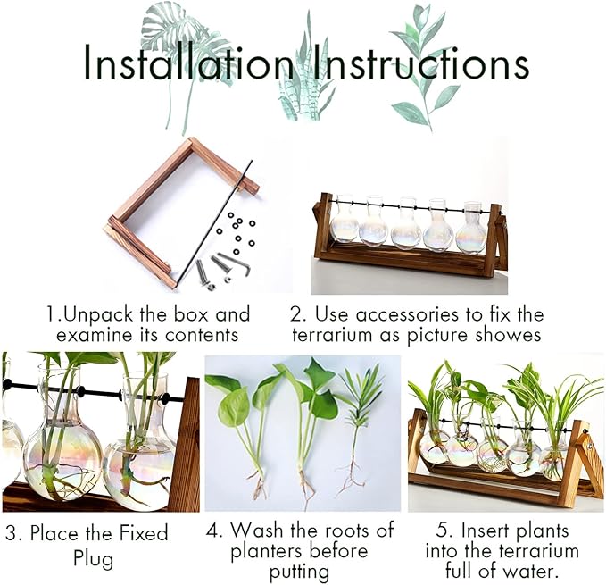 XXXFLOWER Plant Terrarium with Wooden Stand, Wall Hanging Glass Planter Tabletop Propagation Station Metal Swivel Holder Retro Rack for Hydroponics Home Garden Office Decoration - 5 Bulb Vase