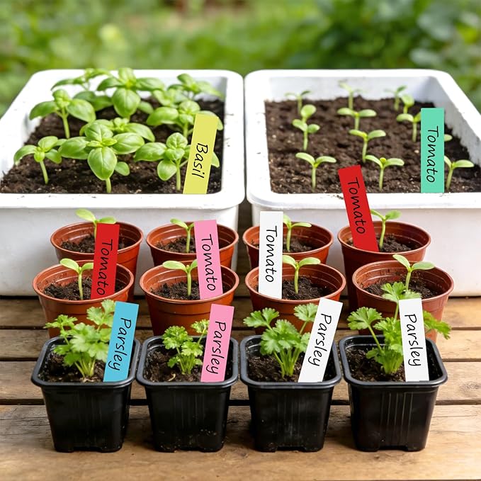 KINGLAKE Plant Labels 4 Inch - 300 Pcs Plastic Plant Tags Nursery Garden Labels Plants Markers for Outdoor Garden Waterproof Multicolored Plants Name Tags for Seedlings with Permanent Marking Pen