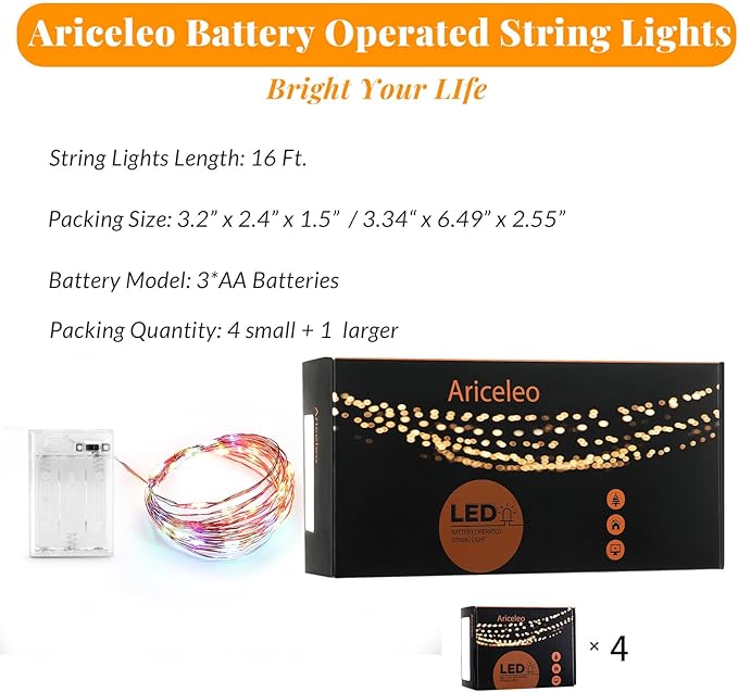 Ariceleo Led Fairy Lights Battery Operated, 4 Packs Mini Battery Powered Copper Wire Starry Fairy Lights for Bedroom, Christmas, Parties, Wedding, Centerpiece, Decoration (5m/16ft Multi-Colored)