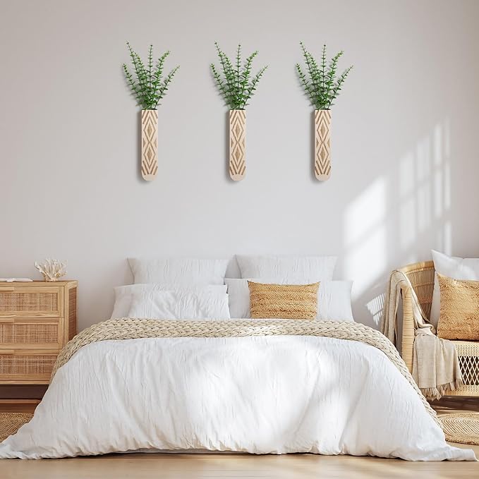 3 Pack Wood Wall Planter, Boho Wall Art for Entryway and Bathroom Decor, Modern Farmhouse Decor, Wall Decor Vase for Holding Fake Plants and Dried Flowers