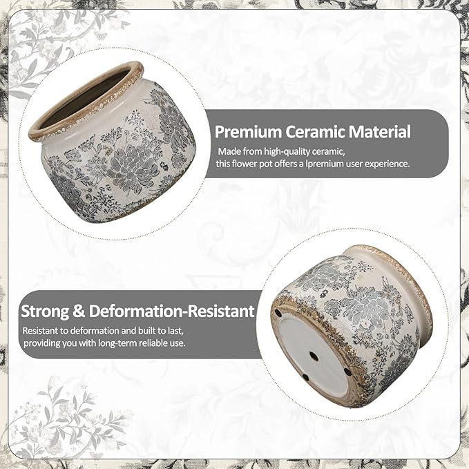 7.7" Large Ceramic Plant Pot Beige Gray Rustic Peony Crackle Glaze Rustic Flowers Pot Decorative Planter with Drainage for Indoor Outdoor Plants Home Kitchen Office Decor Gift