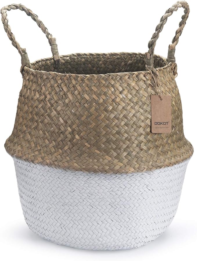 Seagrass Plant Basket with Handles Natural Woven Storage Baskets (White XL (10.6" D x 12.5" H))