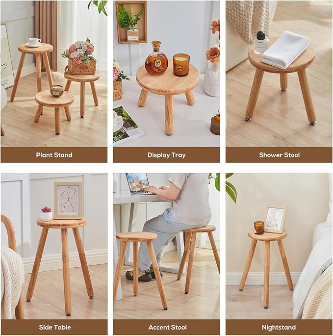 Small Round Side Table Adjustable Height Solid Wood Drink Table Indoor Tall Plant Stand Multi-Use Accent Stool-11‘’D × 20“H (Wood)