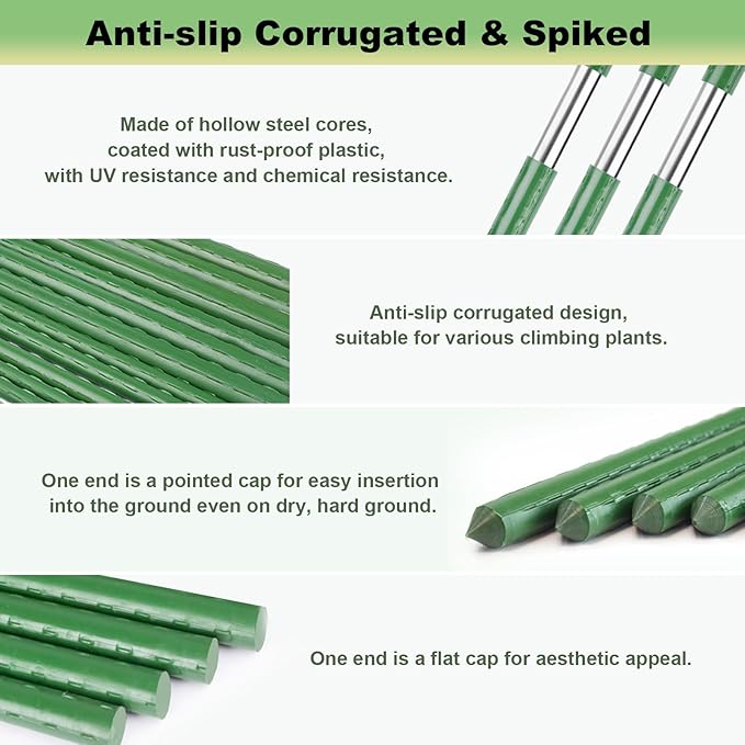 Garden Stakes 16" 20pcs, 0.43 inch Diameter Plant Stakes for Indoor Outdoor Plants, DIY 3ft 4ft 5ft 6ft Sturdy Steel Tomato Stakes with 15 Connectors, Plant Support Stakes for Climbing Plants
